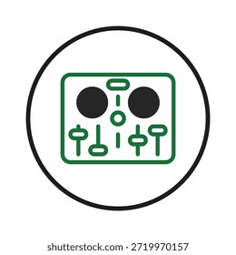 Um gráfico delineado e simplificado exibe um console dj rodeado por um quadro circular. Os elementos verde-escuros delineiam o dispositivo, criando contraste e destacando os botões arredondados e deslizando