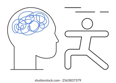 Simplified outlines of a human head with tangled lines inside, suggesting brain activity, next to a stick figure in a running pose. Ideal for psychology, mental health, fitness, cognitive science