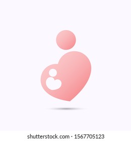 Simplified pink symbol of pregnant mother with baby in heart shape with heads, in stick figure style