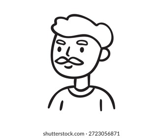 Simplified portrait of man with mustache, hand drawn doodle, line art, monochrome, hand drawn. Vector illustration.