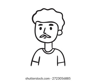 Vereinfachtes Porträt des Menschen mit Schnurrbart, handgezeichnetes Doodle, Strichkunst, monochrom, handgezeichnet. Vektorgrafik.