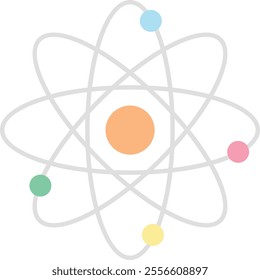 A simplified representation of an atom with a central nucleus depicted as an orange circle. Surrounding the nucleus are several elliptical orbits.