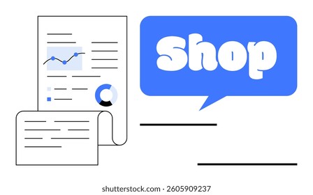 Simplified representation of documents featuring graphs and charts, paired with a blue speech bubble labeled Shop. Ideal for business planning, e-commerce, online marketing, analytics, data