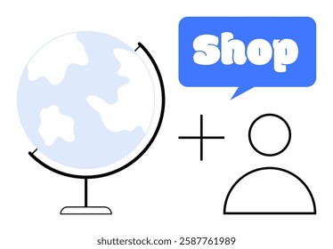 Simplified representation of a globe, a person, and a speech bubble with the text Shop. Ideal for online business, e-commerce, global market, international trade, retail. Minimalist vector design