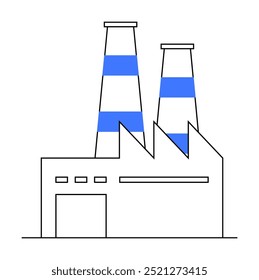 Simplified representation of an industrial factory with two tall chimneys featuring blue stripes. Ideal for industrial, manufacturing, environmental, engineering, and economic themes. Clean line art.