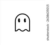 A simplified retro-style ghost character with a flowing bottom, reminiscent of classic arcade games. Monochrome outline isolated on white.