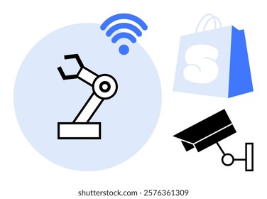 Simplified robotic arm inside blue circle with wireless signal, blue shopping bag with letter S, and surveillance camera. Ideal for technology, automation, retail, e-commerce, security. Flat