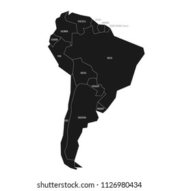 Simplified schematic map of South America. Vector political map in high contrast of black and white.