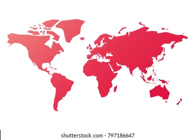 Simplified silhouette of World map in pink-red gradient. Vector illustration isolated on white background.