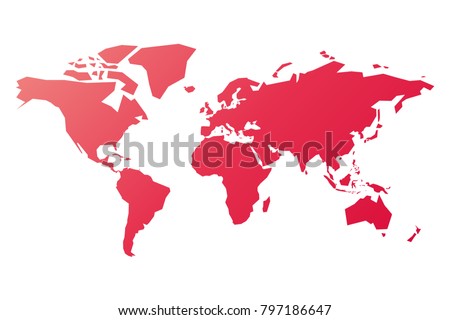 Simplified silhouette of World map in pink-red gradient. Vector illustration isolated on white background.