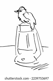 Simplified, sketch of a bird sitting on old lamp. Ink art.