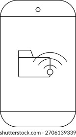 Una pantalla de smartphone simplificada con un icono estilizado de carpeta de archivos que emite señales WiFi