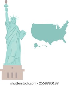 Simplified Statue of Liberty and Vector Illustration of a Map of the United States