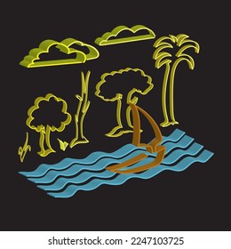 Dibujo simplificado y estereoscópico de árboles en un lago

