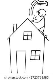 Eine vereinfachte Strichfigur hämmert einen Nagel auf das Dach eines Hauses. Diese Illustration stellt die Reparatur, Konstruktion und DIY-Projekte in einem minimalistischen Stil dar.