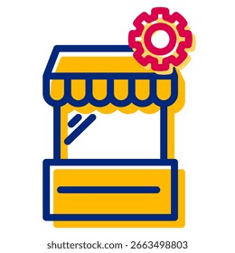Icono de escaparate simplificado en oro y azul marino con engranajes rojos y amarillos, creando una ilustración gráfica limpia ideal para representar Configuraciones minoristas o de servicios.
