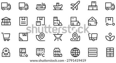 Simplified stroke icons for ecommerce shipping. Features world globe, shopping carts, and various package types.