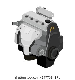 Tipo de inyección de combustible de árbol de levas de culata simple de 4 cilindros en línea 3D de estilo simplificado con Vector de ilustración del motor con tapa superior plateada.