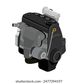 Motor de 4 cilindros en línea y estilo simplificado con inyección de combustible en el árbol de levas en una sola culata, con tapa negra y válvula de control del aire de ralentí detrás del Vector de la ilustración del colector de admisión.