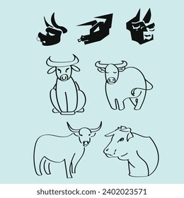 Simplified stylization of bulls, sketch style, and logos. Light-blue background, сute illustrations.