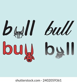 Simplified stylization of bulls, word symbol, and logos. Light-blue background, сute, italic text stile, angry and calm illustrations,