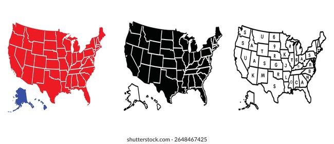 A simplified, stylized map of the United States presented on a clean white background, suitable for various design projects needing a clear geographical representation.
