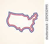 Simplified stylized outline map of United States, colors from the flag.