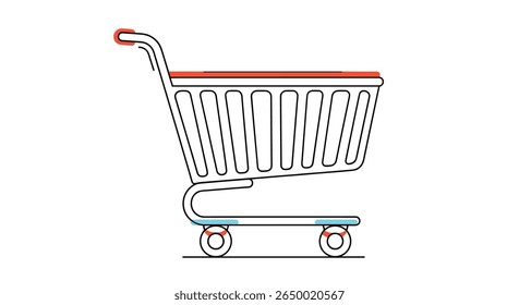 A simplified stylized representation of an empty shopping cart on wheels illustrating online retail and commerce concepts