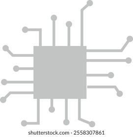 Simplified stylized representation of an integrated circuit with a central square and lines extending out as electrical connections or pins