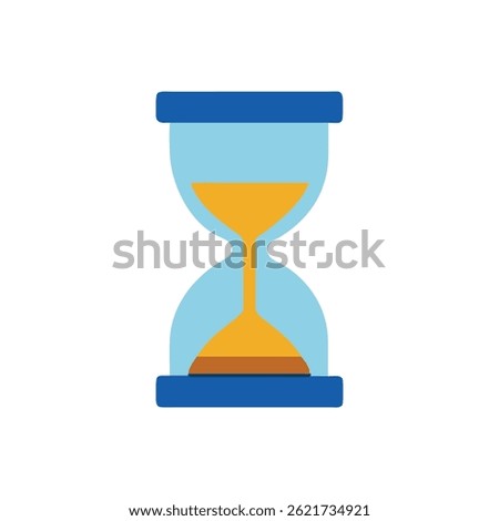 A simplified, stylized sand timer illustration with a blue frame and golden sand on a White Background. Flat design style.