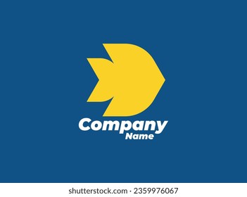 Simplified symbol of a fish, Yellow on Blue, Flat Vector Logo Design Template Element