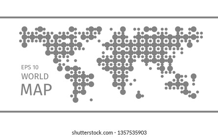 Simplified symbolic dot pattern world map. Flat Earth, grey map template for mobile apps, websites pattern, annual reports, infographics. Globe map icon. Travel worldwide backdrop