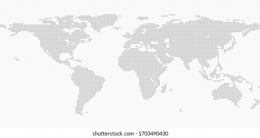 Simplified symbolic dot pattern world map. Flat earth. Light grey map template for mobile apps, websites, annual reports, infographics. Globe map icon. Travel worldwide backdrop. Vector illustration