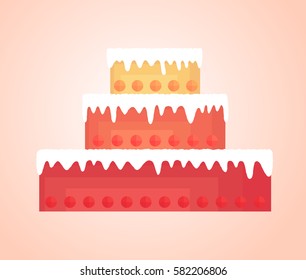 Simplified tall cake with bright shortcakes different colors, decorated with round fruit. Flows down the white cream.