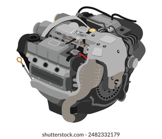 Vereinfachte Quermontage 2 Liter V6-Zylinder 24 Ventile Einfach obenliegender Nockenwellen-Benzinmotor mit silberner Oberseitenabdeckung und Abzeichen inklusive Turbo-Ladeluftkühler Illustrations-Vektorgrafik.