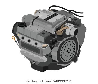 Vereinfachte Quermontage 2,7 Liter V6 Zylinder 24 Ventile Einfach obenliegender Nockenwellen-Benzinmotor mit silberner Oberseitenabdeckung inklusive Abzeichen in der europäischen Spezifikationen Illustrations-Vektorgrafik.