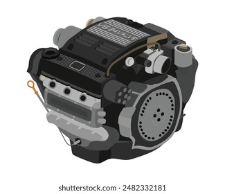 Vereinfachte Quermontage 2,7 Liter V6-Zylinder 24 Ventile Einfach obenliegender Nockenwellen-Benzinmotor mit schwarzer Oberseitenabdeckung inklusive Plaketten-Illustrations-Vektorgrafik.