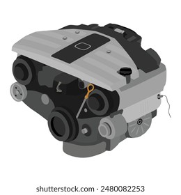 Vereinfachte V6-Zylinderventile 24 Einzelnockenwellen-Benzinmotor mit kleiner silberner und schwarzer Motorabdeckung Illustration Vektorgrafik.