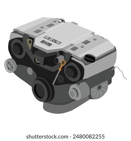 Vereinfachte V6-Zylinderventile 24 Einzelnockenwellen-Benzinmotor mit silberner Oberseite enthalten schwarze und silberne Plaketten-Illustrations-Vektorgrafik.