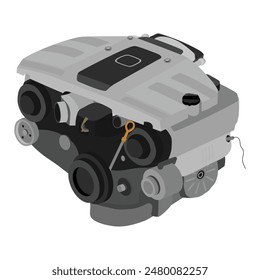 Vereinfachte V6-Zylinderventile 24 Einzelnockenwellen-Benzinmotor mit silberner und schwarzer Motorabdeckung Illustration Vektorgrafik.