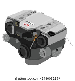 Vereinfachte V6-Zylinderventile 24 Einzelnockenwellen-Benzinmotor mit silberner Oberseitenabdeckung mit roter und schwarzer Plaketten-Illustrations-Vektorgrafik.