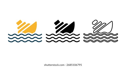 El Arte vectorial simplificado muestra barcos montados sobre olas estilizadas, representadas en rellenos sólidos y formatos delineados, con un fondo transparente para una integración perfecta.