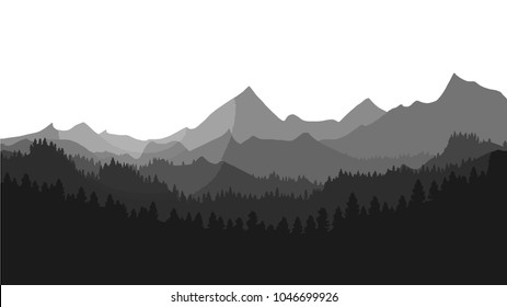 Simplified vector of black and white mountains in fog with trees in different layers