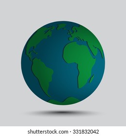 Simplified vector globe map icon with simple embossed continents of the world.