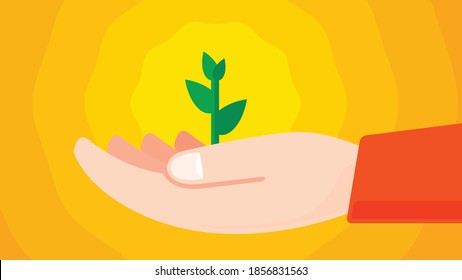 Simplified vector hand drawing illustration holding a small seedling tree against the sun. Symbol of financial growth and long term prosperity. Sun shines warm and in radiant yellow and orange tones.