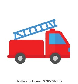 A simplified vector icon of a red fire truck vehicle featuring a blue ladder on the roof, isolated on a white background