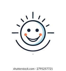 A simplified vector icon of a smiling sun character with radiating rays and rosy cheeks on a clean background