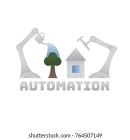Simplified vector illustration of automation. Robots-hands serve the site of the house