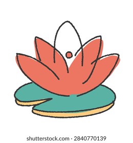 A simplified vector illustration of a blooming lotus flower resting on a lily pad in a hand drawn artistic style with bold outlines and flat colors.