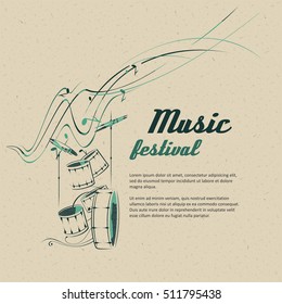 Simplified vector illustration - drum set. Music, Notes, lines.